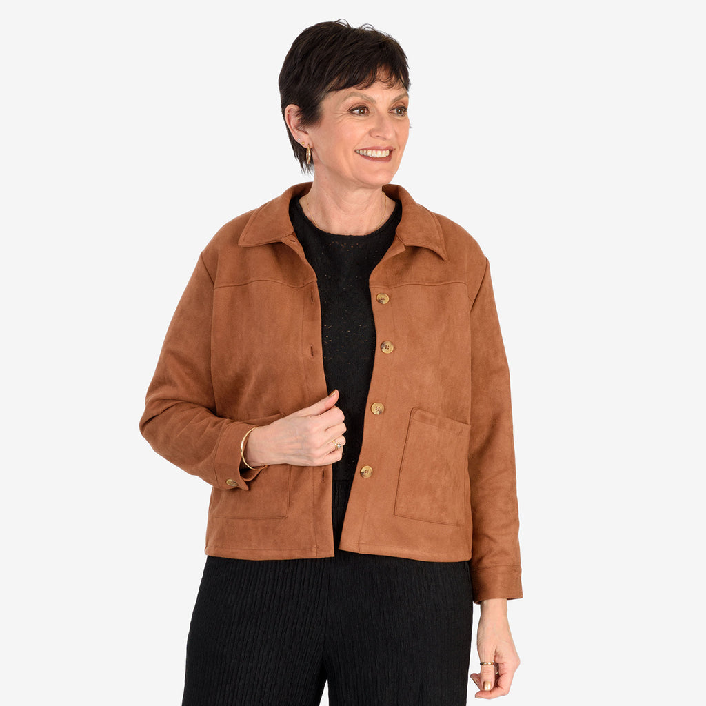 & Maisi Suede Feel Stretch Jacket With Pockets (Size XL) - BROWN_8255636