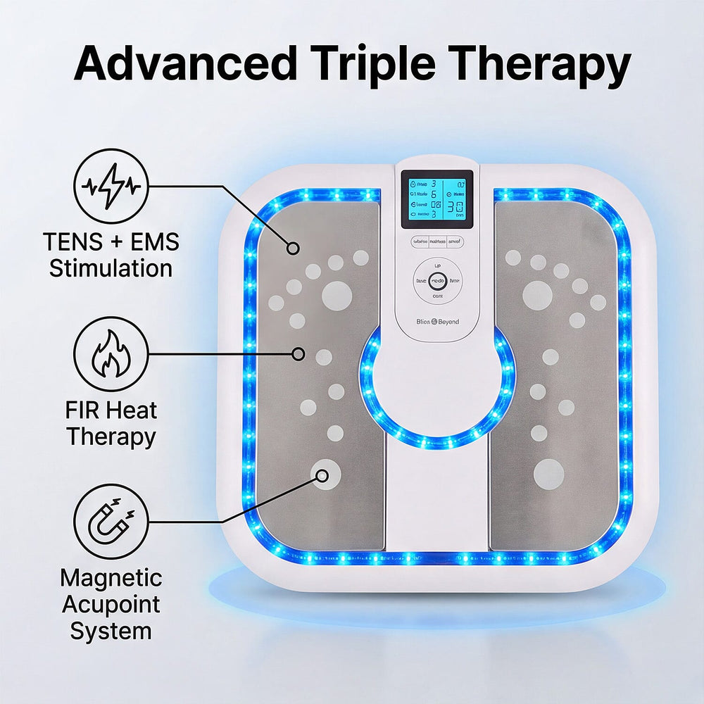 Bliss & Beyond TENS EMS Foot Circulation Massager; Combines TENS (Transcutaneous Electrical Nerve Stimulation), EMS (Electrical Muscle Stimulation), and FIR (Far Infrared) heat therapy to improve bloo