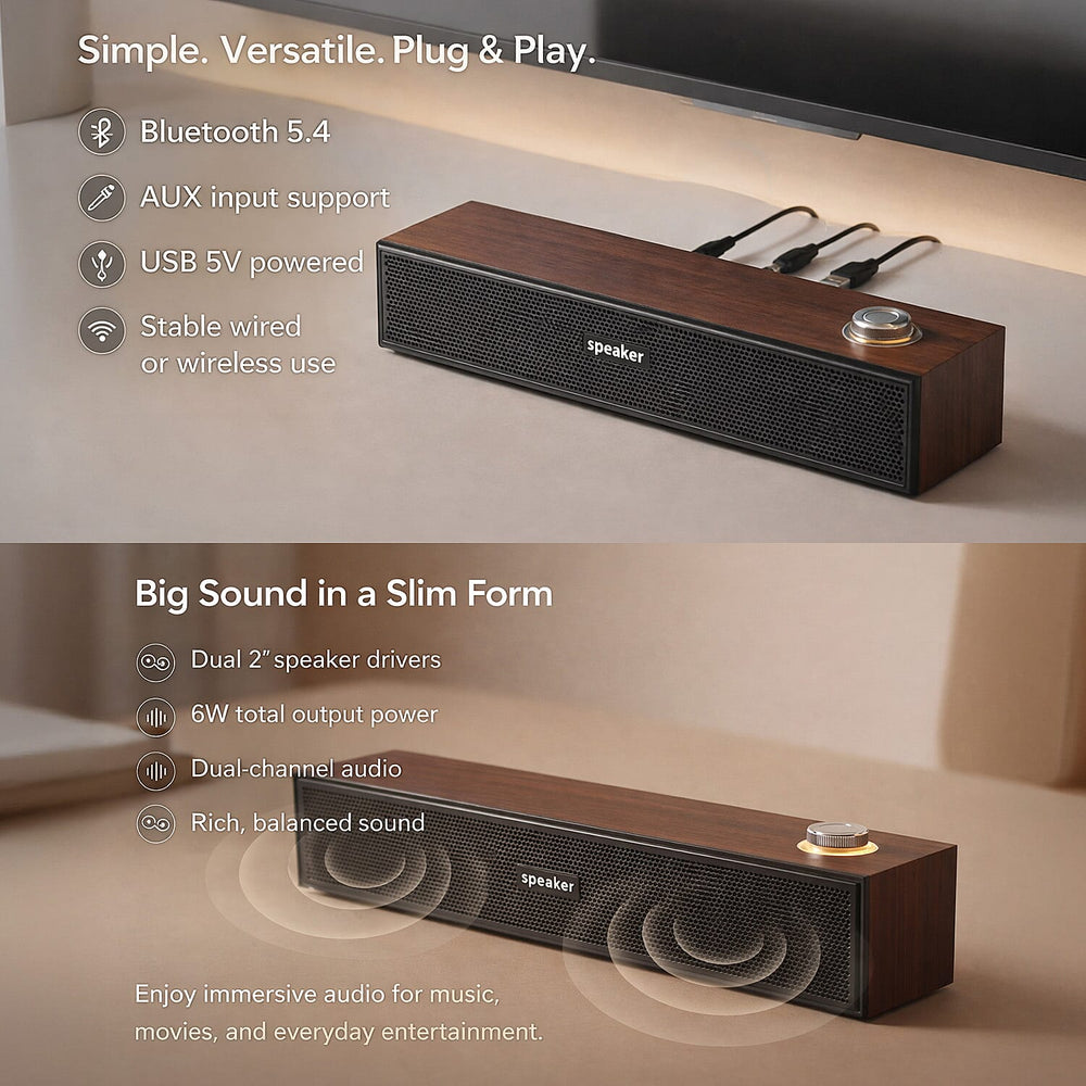 Bliss - Beyond E-3513 Brown Bluetooth 5.4 Soundbar - 6W Dual Channel, USB 5V Powered (370 mm) - Brown