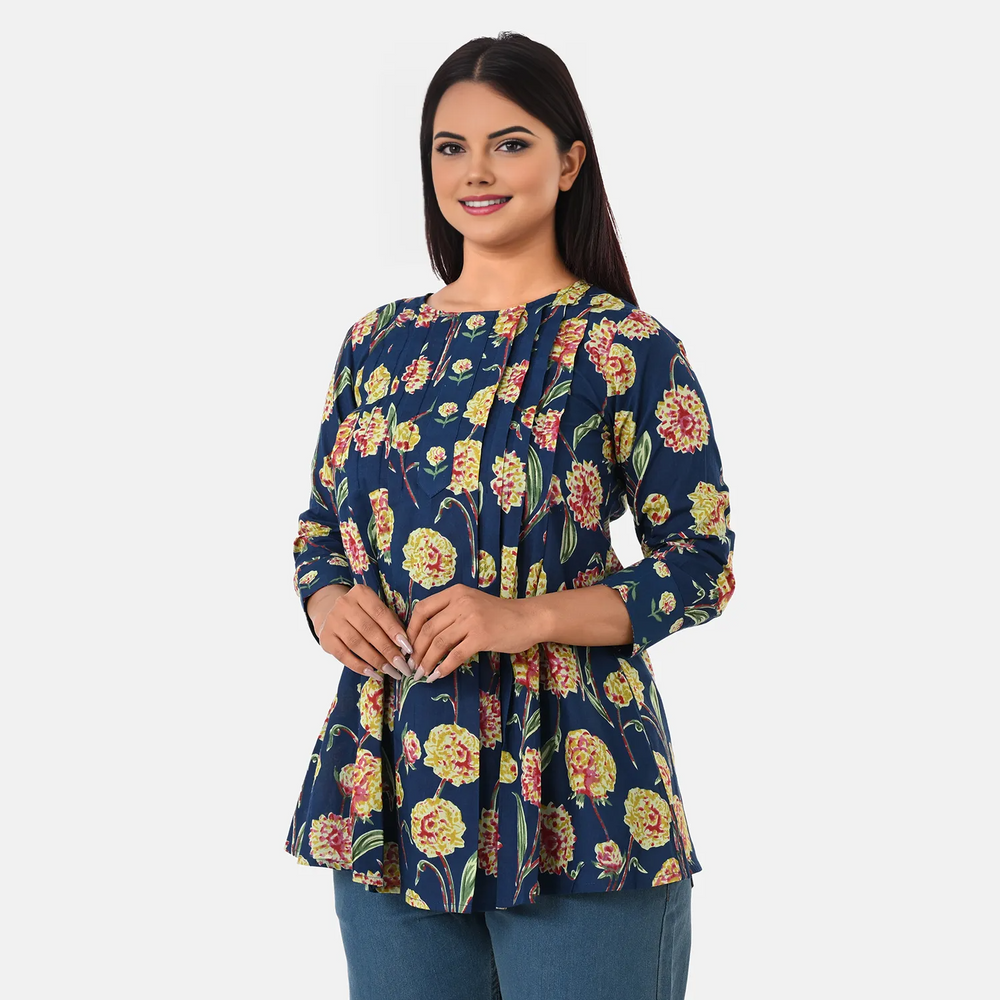 & Maisi Cotton Printed Top (Size - XL) - Blue_8261536_2