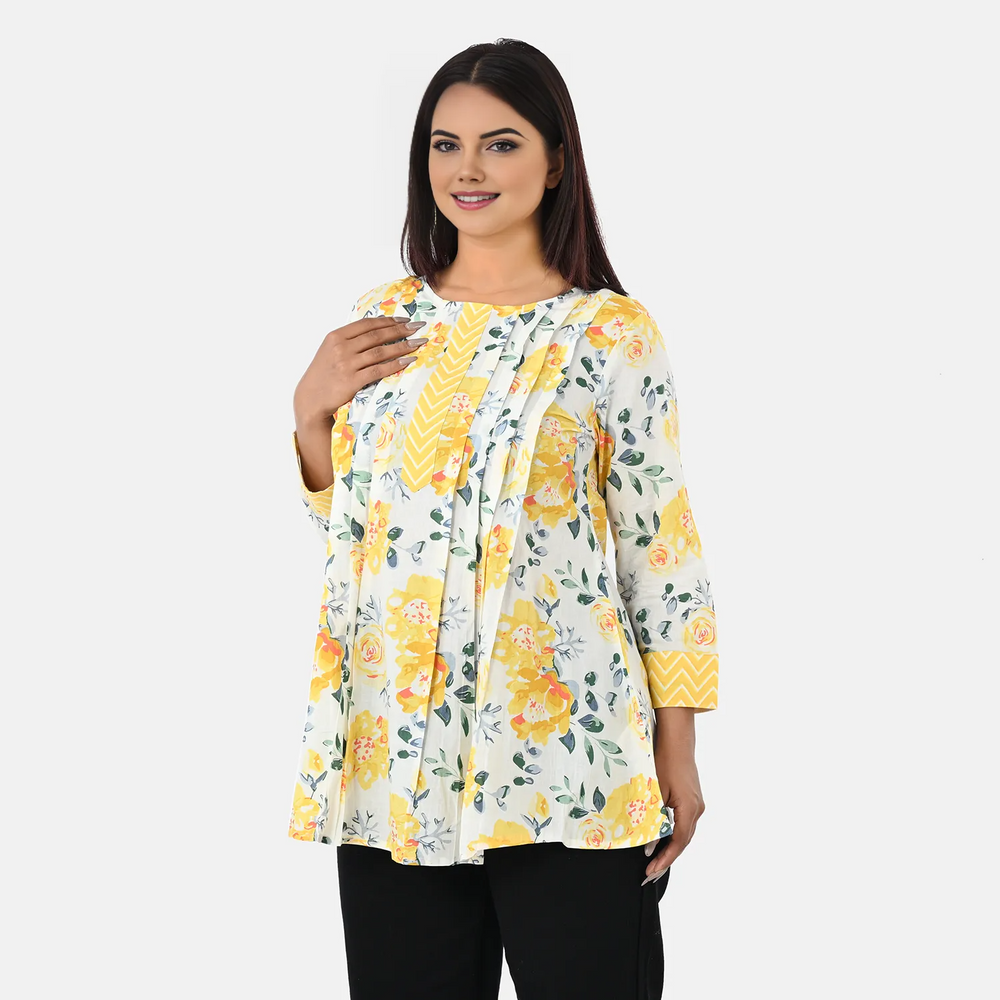 & Maisi Cotton Printed Top (Size - Medium) - Yellow_8261539_2