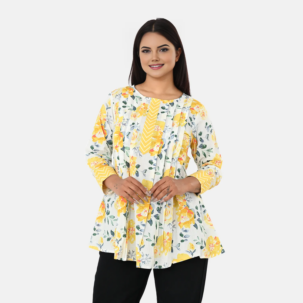 & Maisi Cotton Printed Top (Size - Medium) - Yellow_8261539
