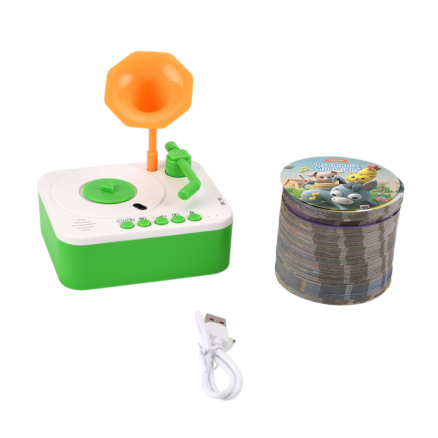 Childrens Early Education Phonograph - Interactive Audio Storyteller with 96 Cards, Bluetooth, Recording Function - 810- Educational Stories - Green White - Orange