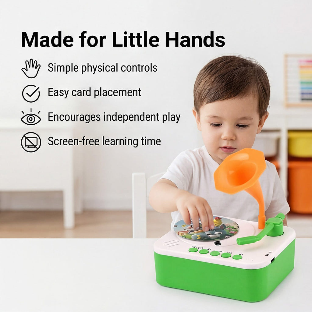 Childrens Early Education Phonograph - Interactive Audio Storyteller with 96 Cards, Bluetooth, Recording Function - 810- Educational Stories - Green White - Orange