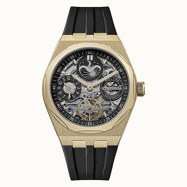 Ingersoll 1892 Broadway Skeleton Dial 5ATM 43mm Gold Stainless Steel Case Mens Watch with Black Silicone Strap