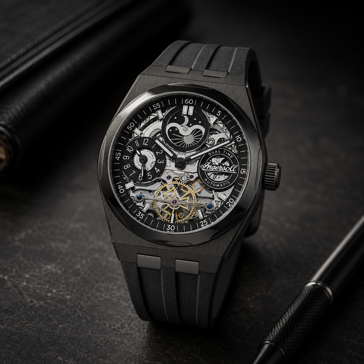 Ingersoll 1892 Broadway Skeleton Dial 5ATM 43mm Black Stainless Steel Case Mens Watch with Black Silicone Strap