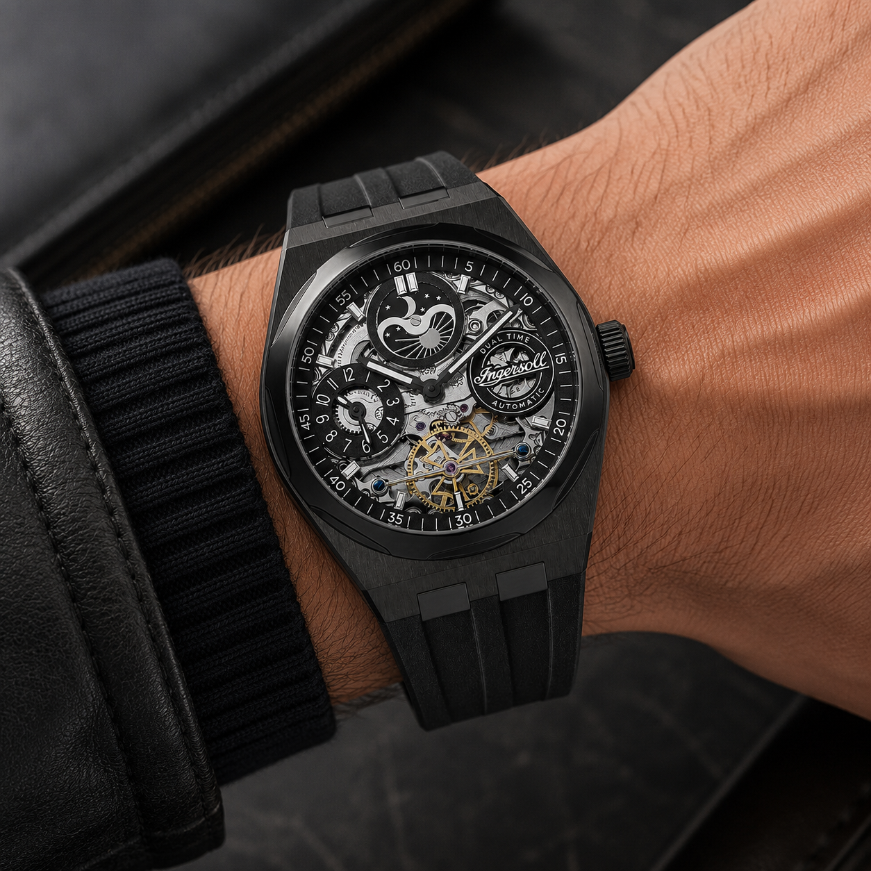Ingersoll 1892 Broadway Skeleton Dial 5ATM 43mm Black Stainless Steel Case Mens Watch with Black Silicone Strap
