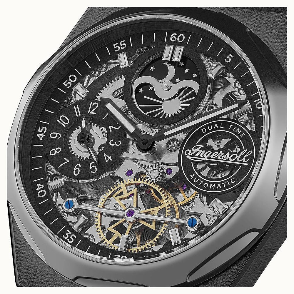 Ingersoll 1892 Broadway Skeleton Dial 5ATM 43mm Black Stainless Steel Case Mens Watch with Black Silicone Strap