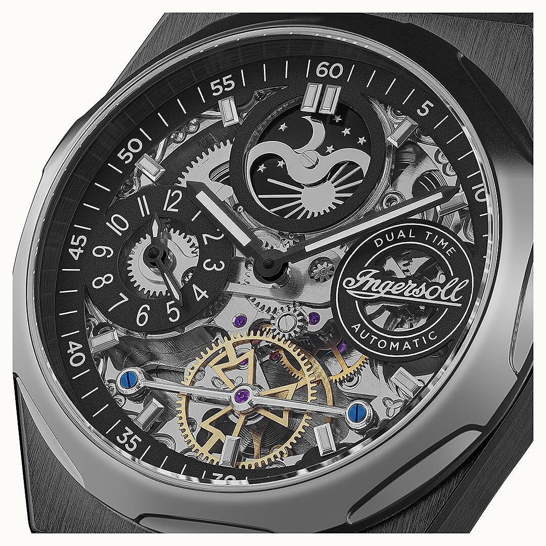 Ingersoll 1892 Broadway Skeleton Dial 5ATM 43mm Black Stainless Steel Case Mens Watch with Black Silicone Strap