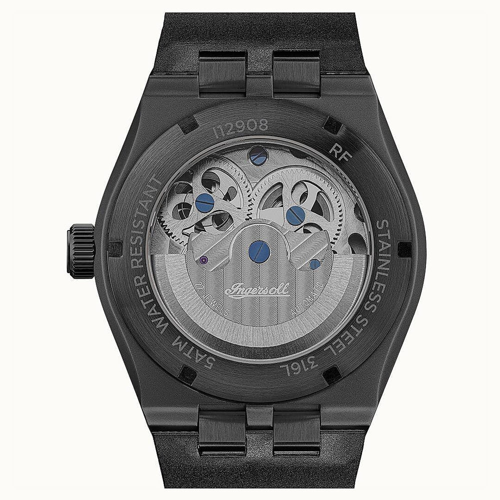 Ingersoll 1892 Broadway Skeleton Dial 5ATM 43mm Black Stainless Steel Case Mens Watch with Black Silicone Strap