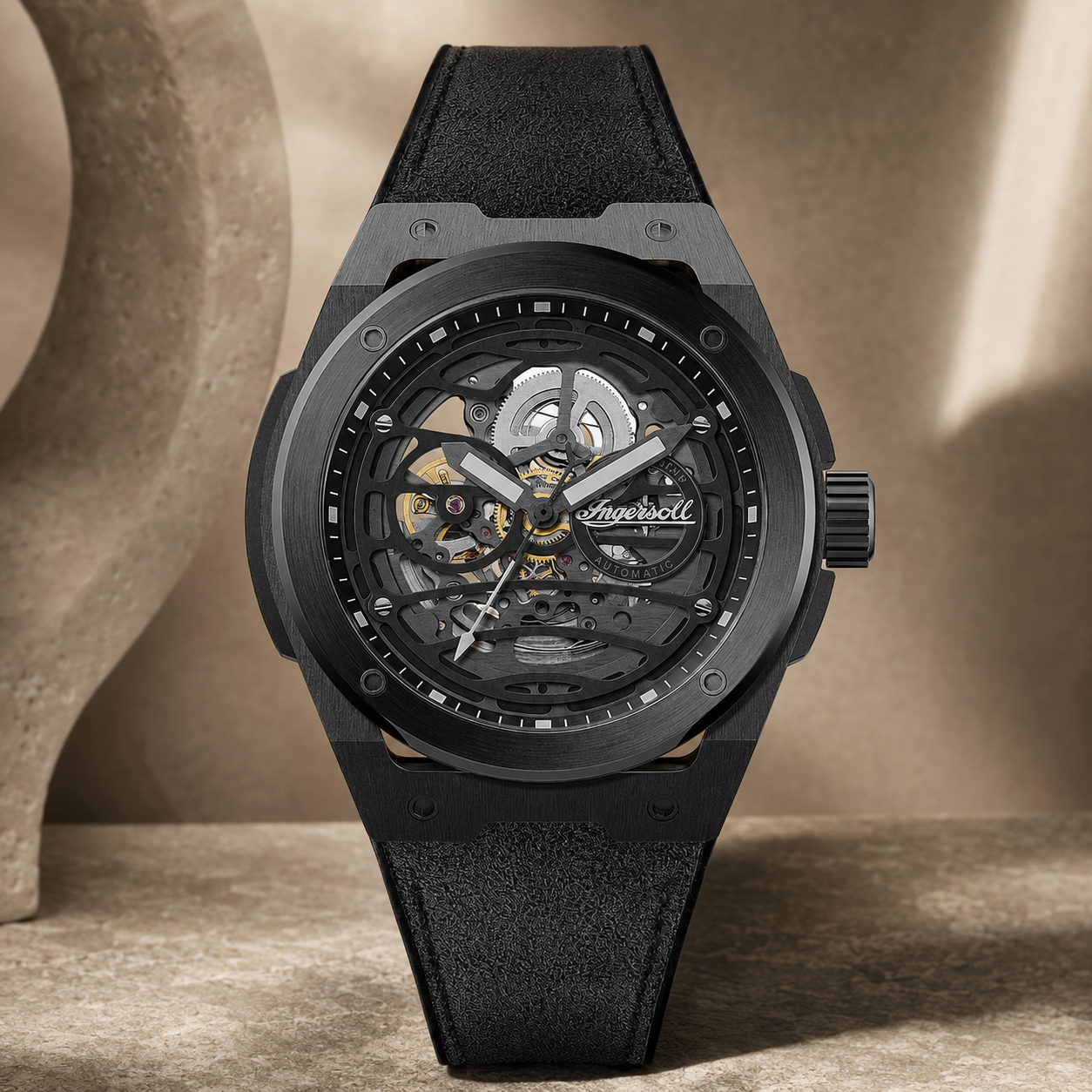 Ingersoll 1892 Springfield Skeleton Dial 5ATM 48mm Black Stainless Steel Case Mens Watch with Black Silicone Strap