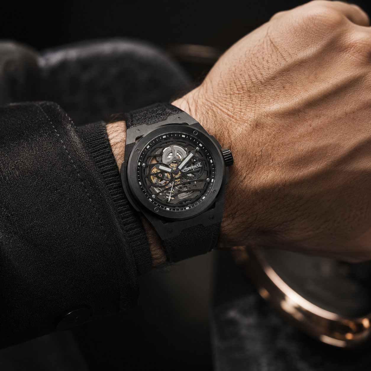 Ingersoll 1892 Springfield Skeleton Dial 5ATM 48mm Black Stainless Steel Case Mens Watch with Black Silicone Strap