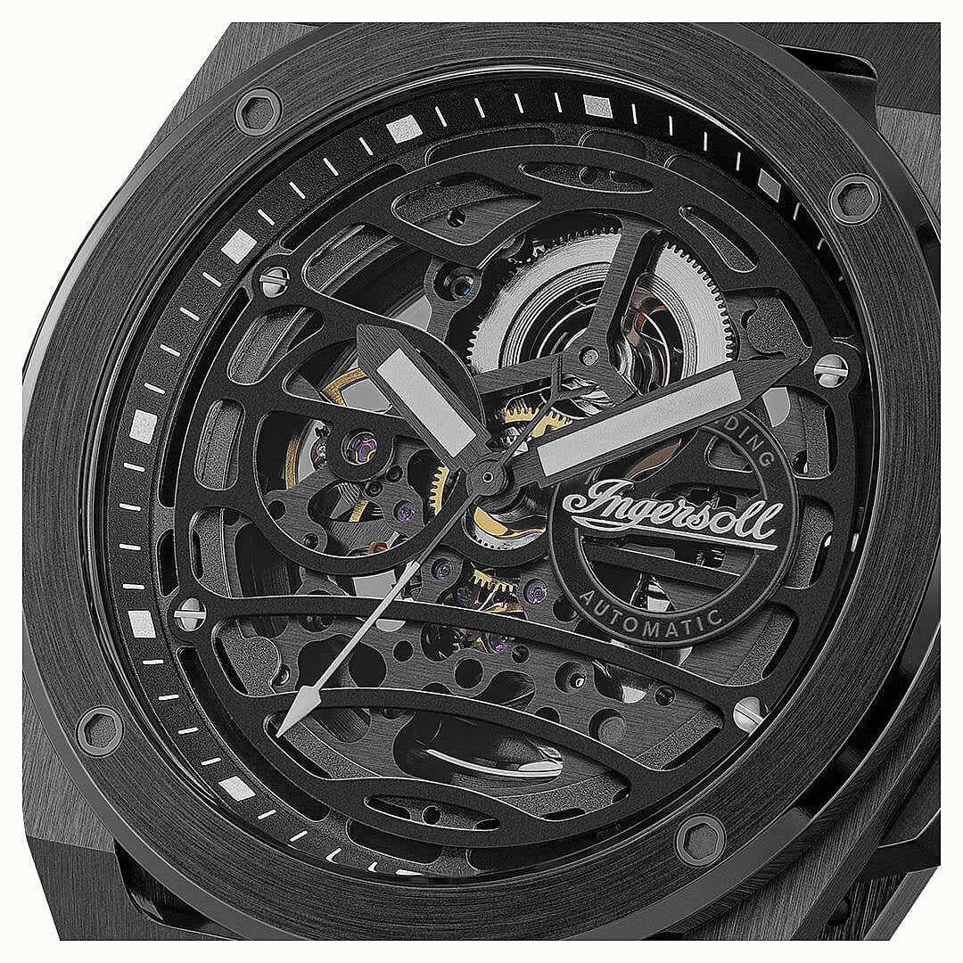 Ingersoll 1892 Springfield Skeleton Dial 5ATM 48mm Black Stainless Steel Case Mens Watch with Black Silicone Strap