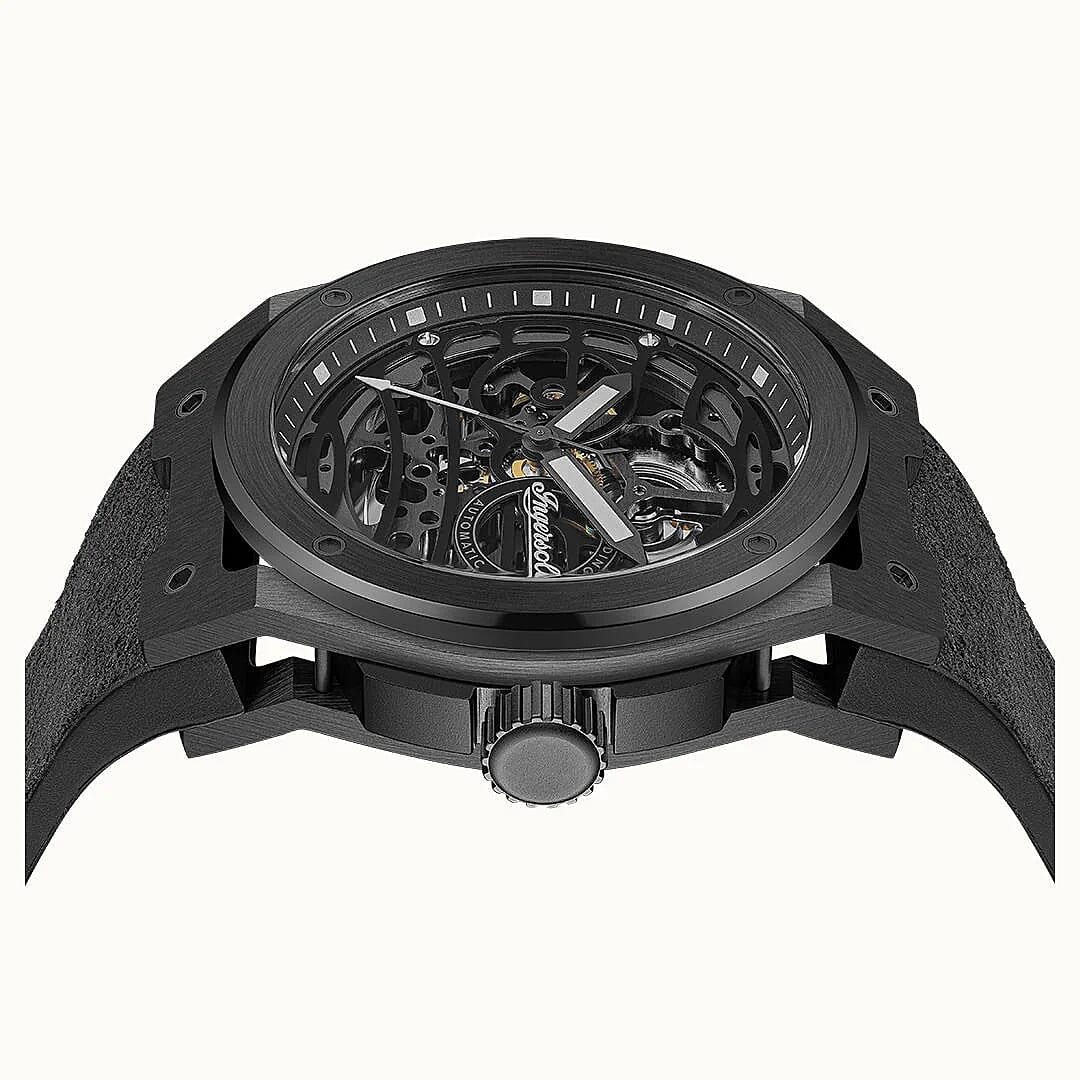 Ingersoll 1892 Springfield Skeleton Dial 5ATM 48mm Black Stainless Steel Case Mens Watch with Black Silicone Strap