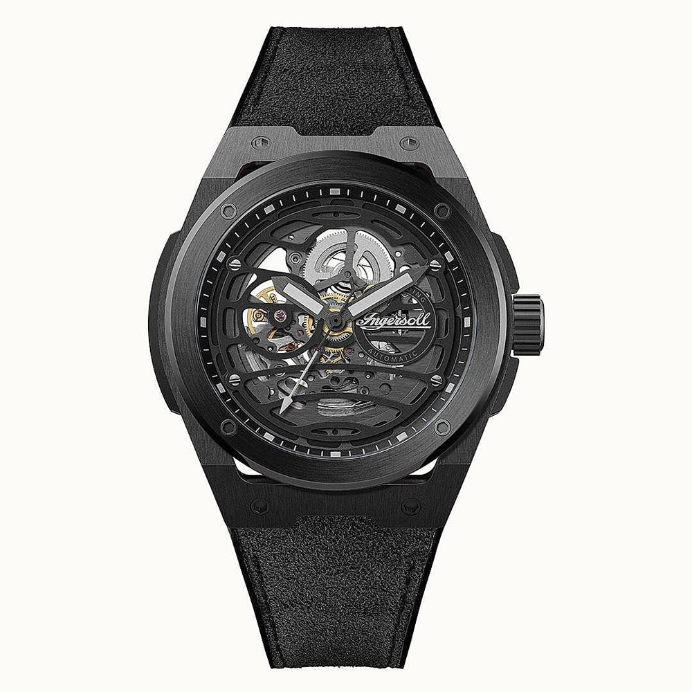 Ingersoll 1892 Springfield Skeleton Dial 5ATM 48mm Black Stainless Steel Case Mens Watch with Black Silicone Strap