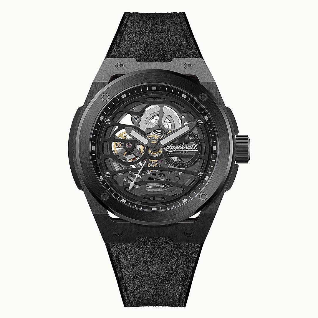 Ingersoll 1892 Springfield Skeleton Dial 5ATM 48mm Black Stainless Steel Case Mens Watch with Black Silicone Strap
