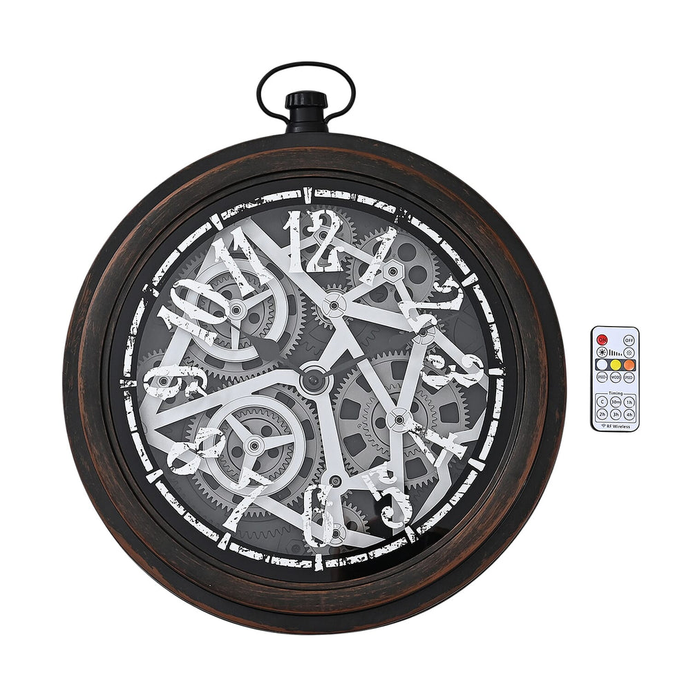 Rotating Gear Skeleton LED Wall Clock - Brown