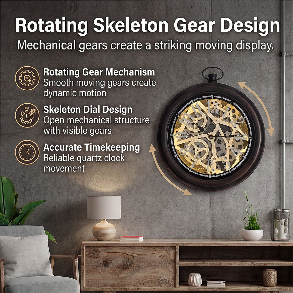 Rotating Gear Skeleton LED Wall Clock - Brown
