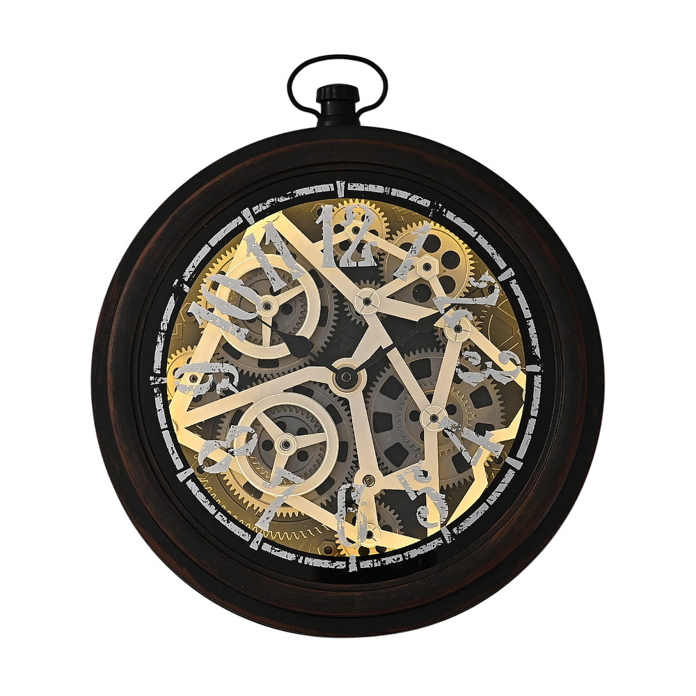 Rotating Gear Skeleton LED Wall Clock - Brown