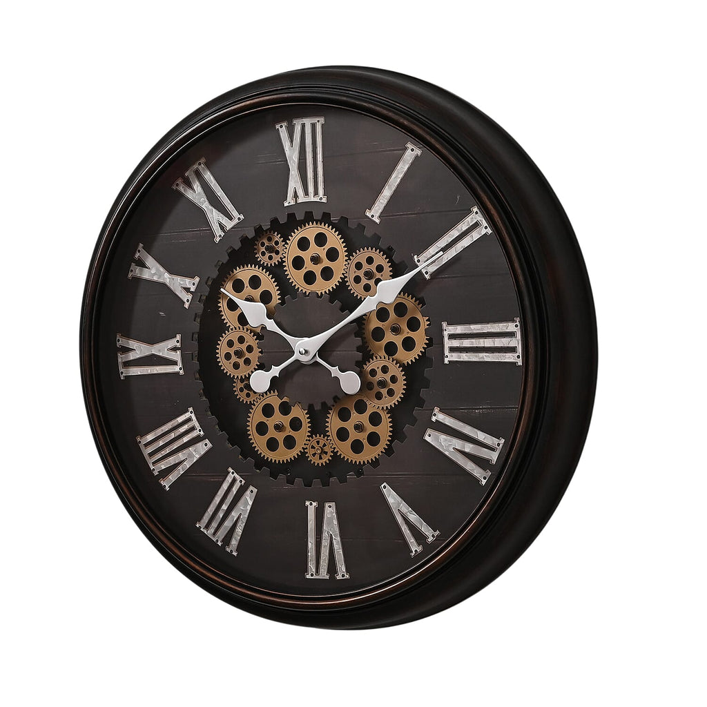 Rotating Gear LED Wall Clock with 3-Colour Wireless Light Control - Brown