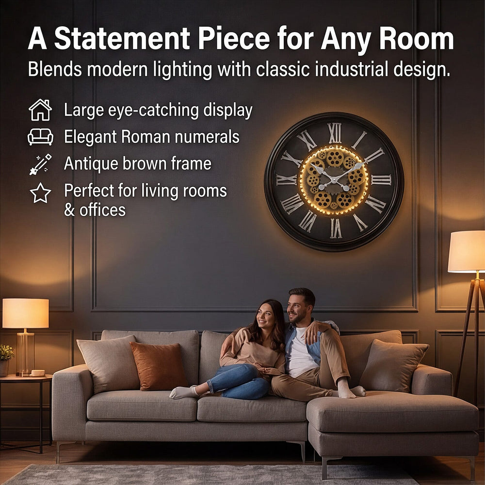 Rotating Gear LED Wall Clock with 3-Colour Wireless Light Control - Brown