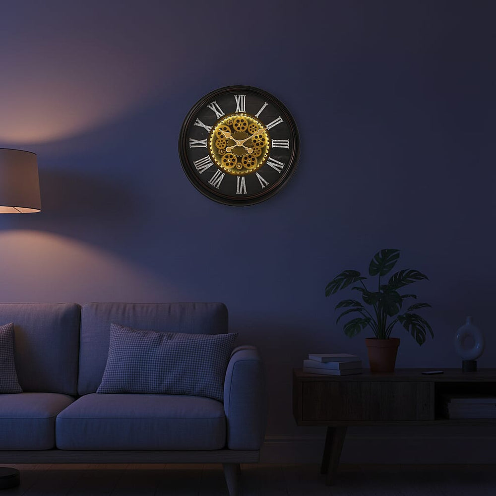 Rotating Gear LED Wall Clock with 3-Colour Wireless Light Control - Brown