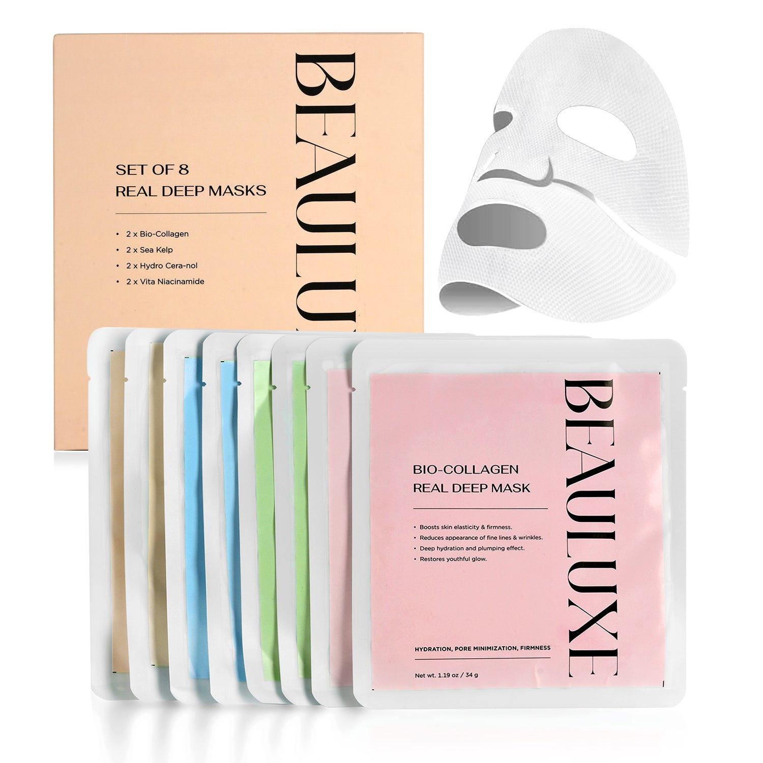 "Bio-Collagen Real Deep Mask, Hydro Cera-Nol Real Deep Mask, Refreshing Sea kelp Real Deep Mask & Radiant Vita Niacinamide Real Deep Mask. Hydrating Overnight Hydrogel Mask, Pore Minimizing, Elasticit_8275435