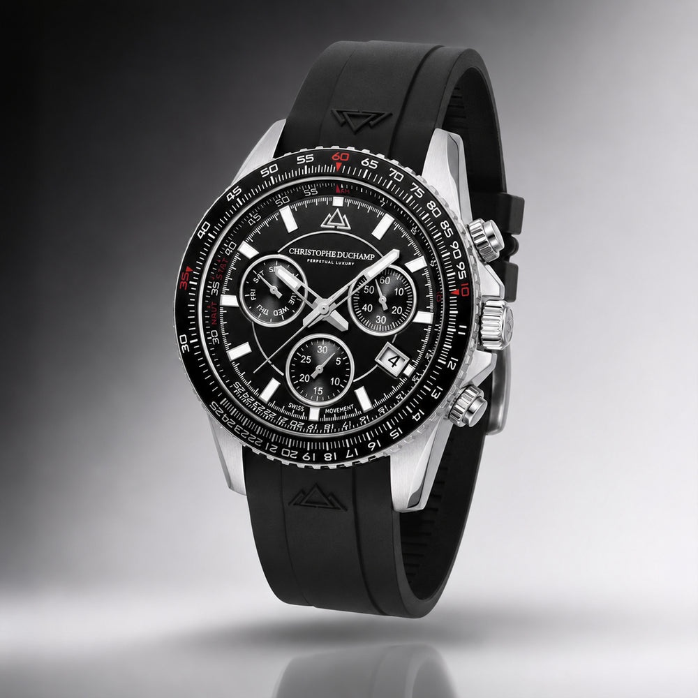 Christophe Duchamp Velocite V2 Swiss Z60 Chronograph 10ATM Mens Watch with Black Dial and Silicone Strap