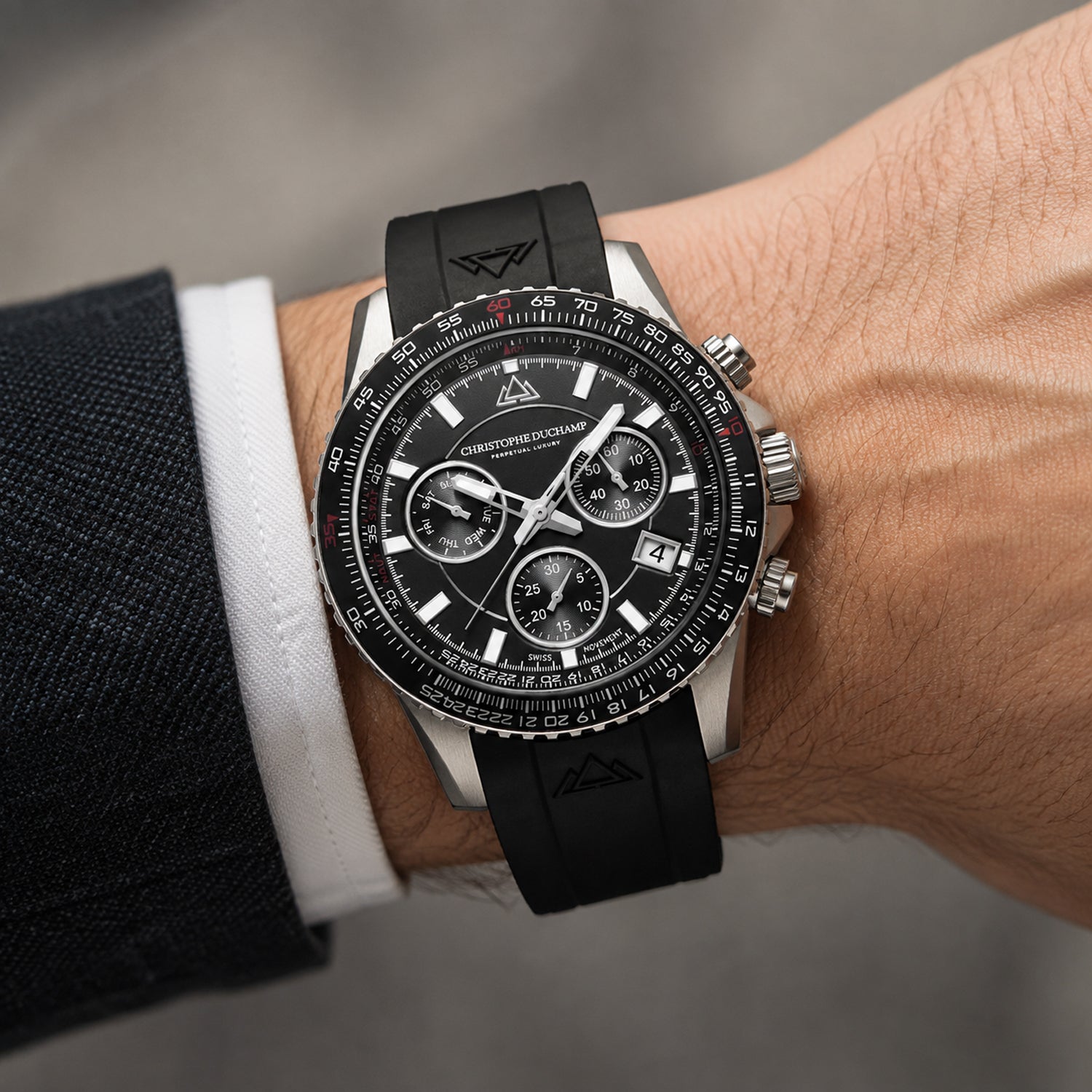 Christophe Duchamp Velocite V2 Swiss Z60 Chronograph 10ATM Mens Watch with Black Dial and Silicone Strap