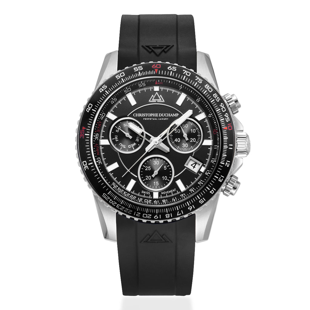 Christophe Duchamp Velocite V2 Swiss Z60 Chronograph 10ATM Mens Watch with Black Dial and Silicone Strap