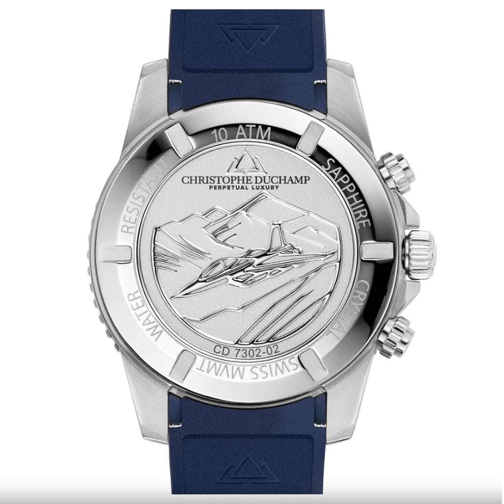 Christophe Duchamp Velocite V2 Swiss Z60 Chronograph 10ATM Mens Watch with Blue Dial and Silicone Strap in Silver Stainless Steel Case