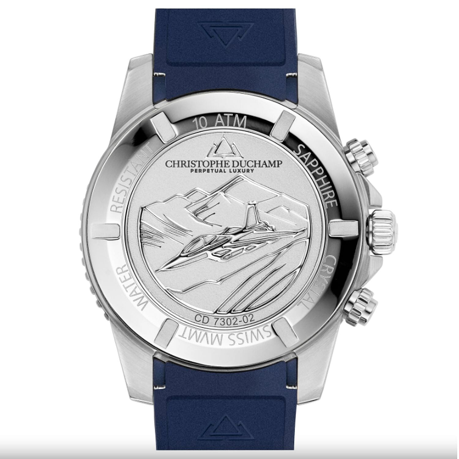 Christophe Duchamp Velocite V2 Swiss Z60 Chronograph 10ATM Mens Watch with Blue Dial and Silicone Strap in Silver Stainless Steel Case