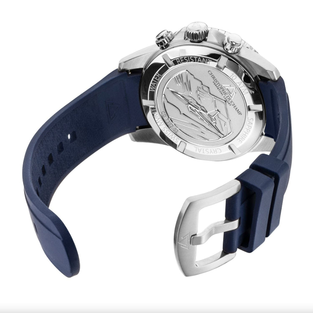 Christophe Duchamp Velocite V2 Swiss Z60 Chronograph 10ATM Mens Watch with Blue Dial and Silicone Strap in Silver Stainless Steel Case