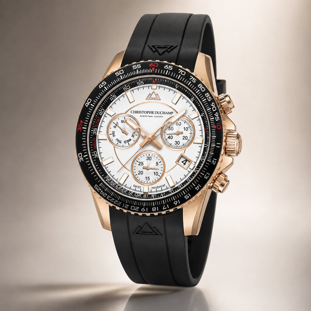 Christophe Duchamp Velocite V2 Swiss Z60 Chronograph 10ATM Mens Watch with White Dial and Black Silicone Strap in Gold Stainless Steel Case