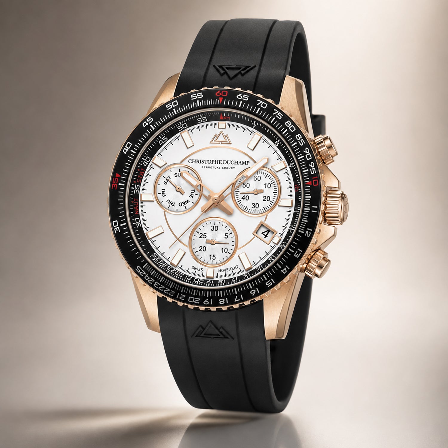 Christophe Duchamp Velocite V2 Swiss Z60 Chronograph 10ATM Mens Watch with White Dial and Black Silicone Strap in Gold Stainless Steel Case