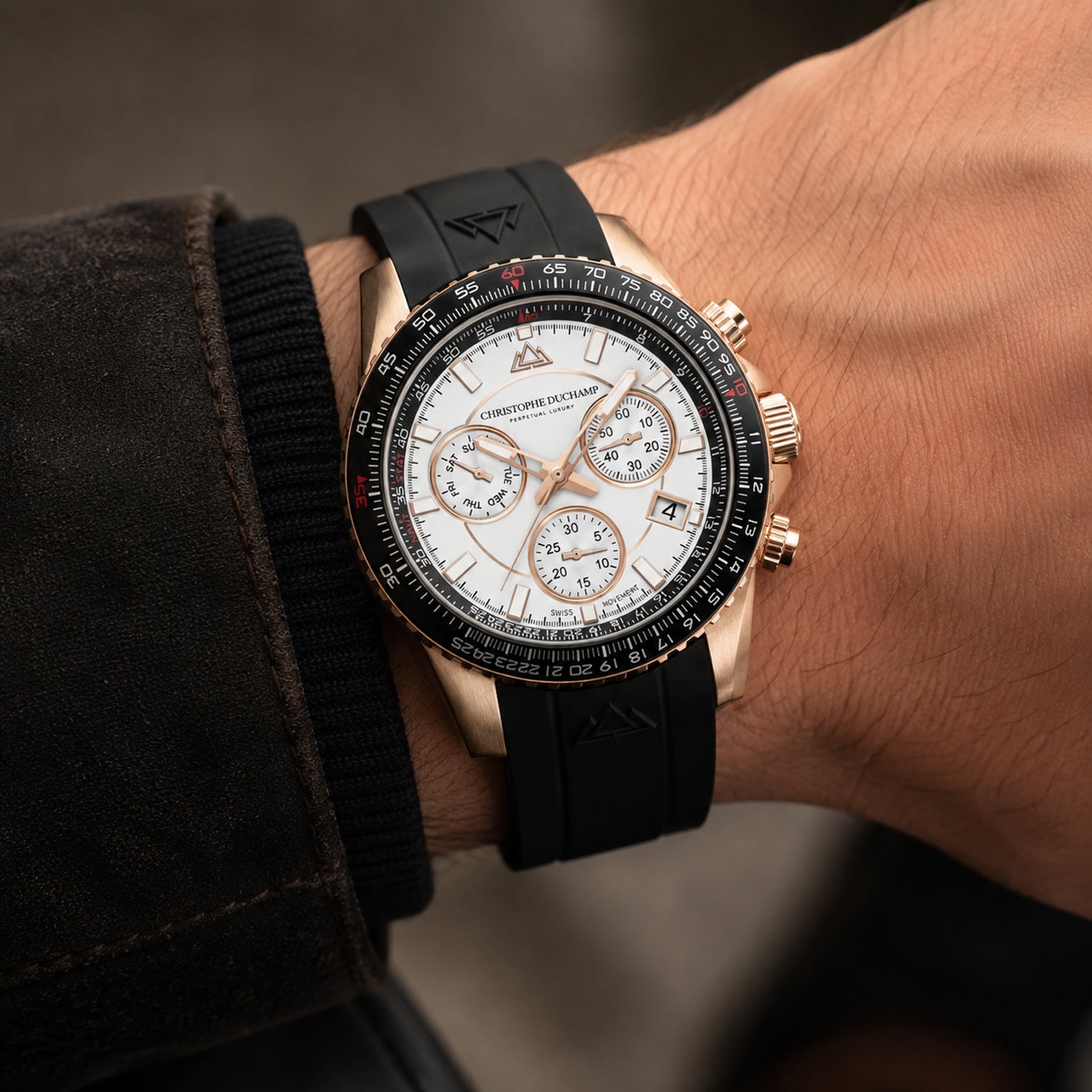 Christophe Duchamp Velocite V2 Swiss Z60 Chronograph 10ATM Mens Watch with White Dial and Black Silicone Strap in Gold Stainless Steel Case