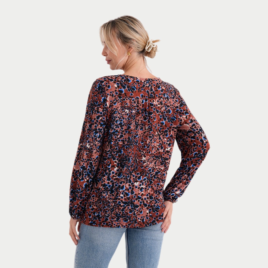 & Maisi Roundneck Knit Printed Top with Lantern Sleeves (Size L, 16-18) - Rusty Brown with Black Polka Dots_8288781_1