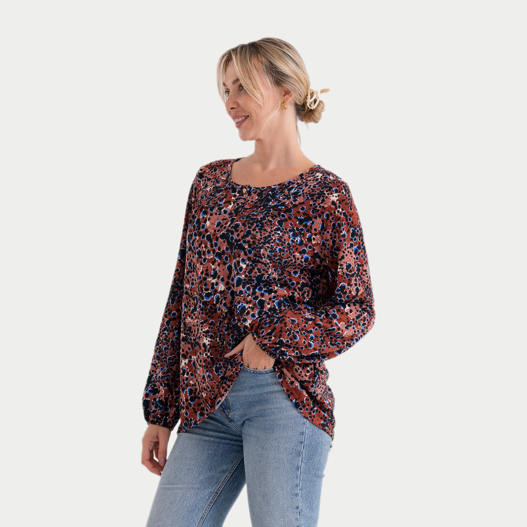 & Maisi Roundneck Knit Printed Top with Lantern Sleeves (Size L, 16-18) - Rusty Brown with Black Polka Dots_8288781_2