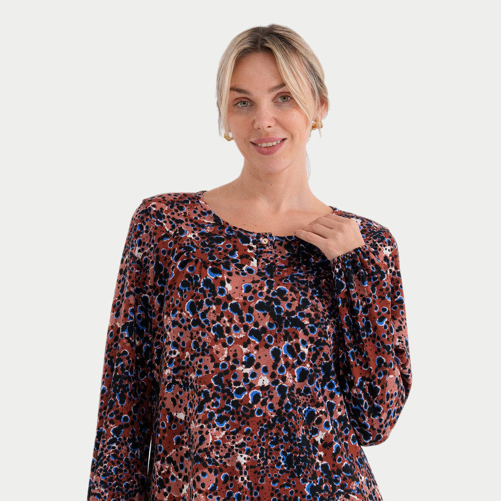 & Maisi Roundneck Knit Printed Top with Lantern Sleeves (Size L, 16-18) - Rusty Brown with Black Polka Dots_8288781_3