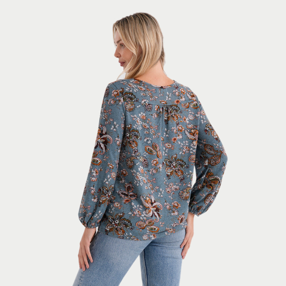 & Maisi Roundneck Knit Printed Top with Lantern Sleeves (Size L, 16-18) - Blue with Multicolour Flower_8288800_1