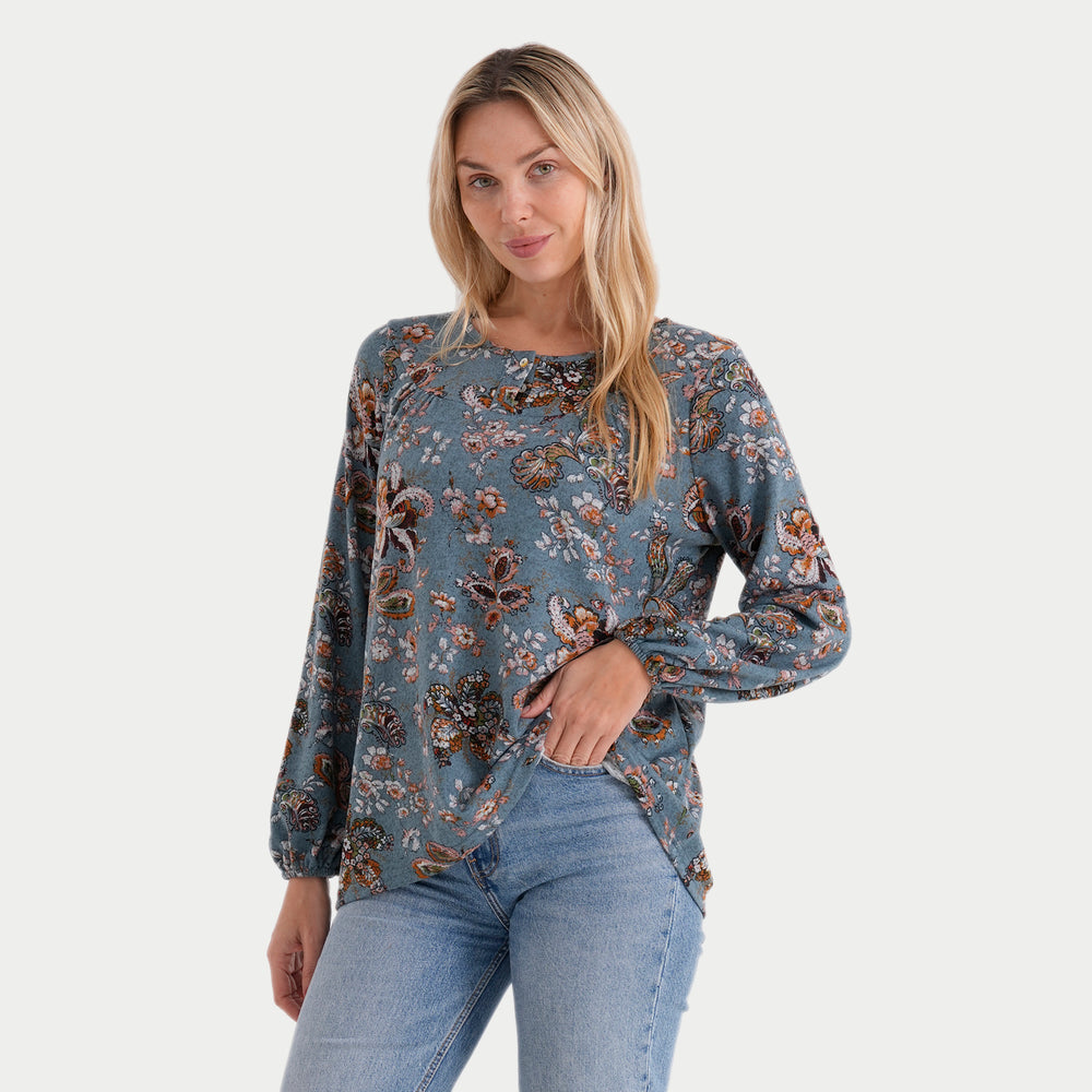 & Maisi Roundneck Knit Printed Top with Lantern Sleeves (Size L, 16-18) - Blue with Multicolour Flower_8288800_2