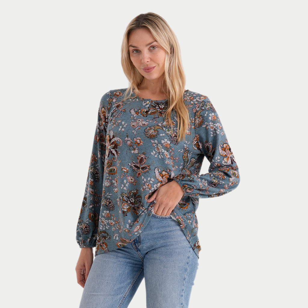 & Maisi Roundneck Knit Printed Top with Lantern Sleeves (Size L, 16-18) - Blue with Multicolour Flower_8288800_2