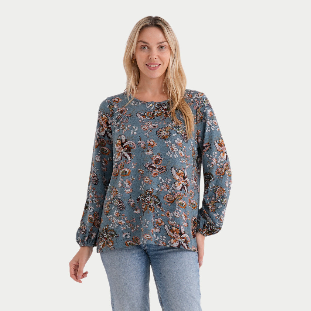 & Maisi Roundneck Knit Printed Top with Lantern Sleeves (Size L, 16-18) - Blue with Multicolour Flower_8288800_3