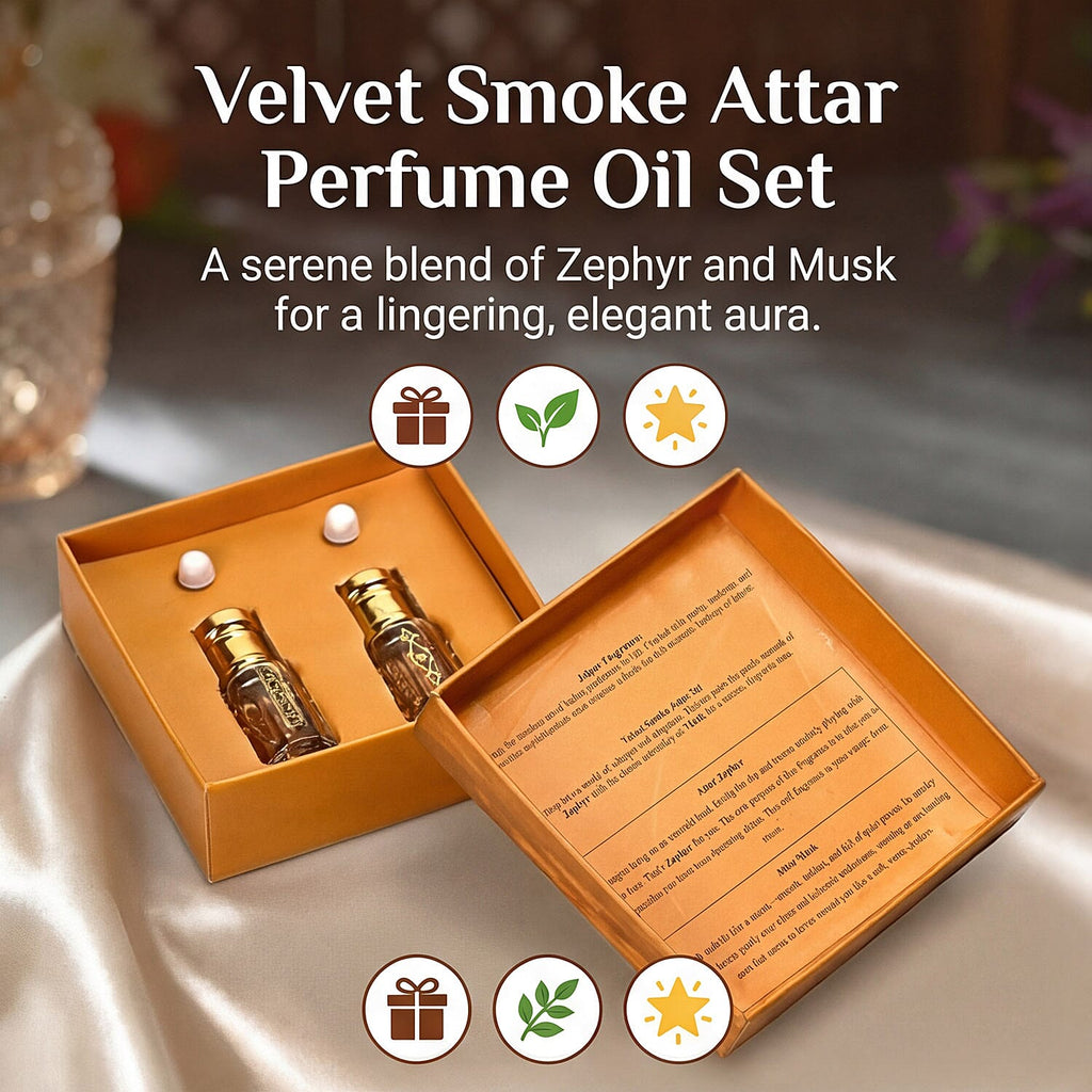 Jaipur Fragrance - Set of 2 -Velvet Smoke Attar Perfume Oil Set - Attar Zephyr (Resinous Rose - Frankincense) - Attar Musk (Clean White Musk)