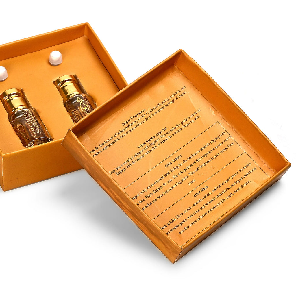 Jaipur Fragrance - Set of 2 -Velvet Smoke Attar Perfume Oil Set - Attar Zephyr (Resinous Rose - Frankincense) - Attar Musk (Clean White Musk)