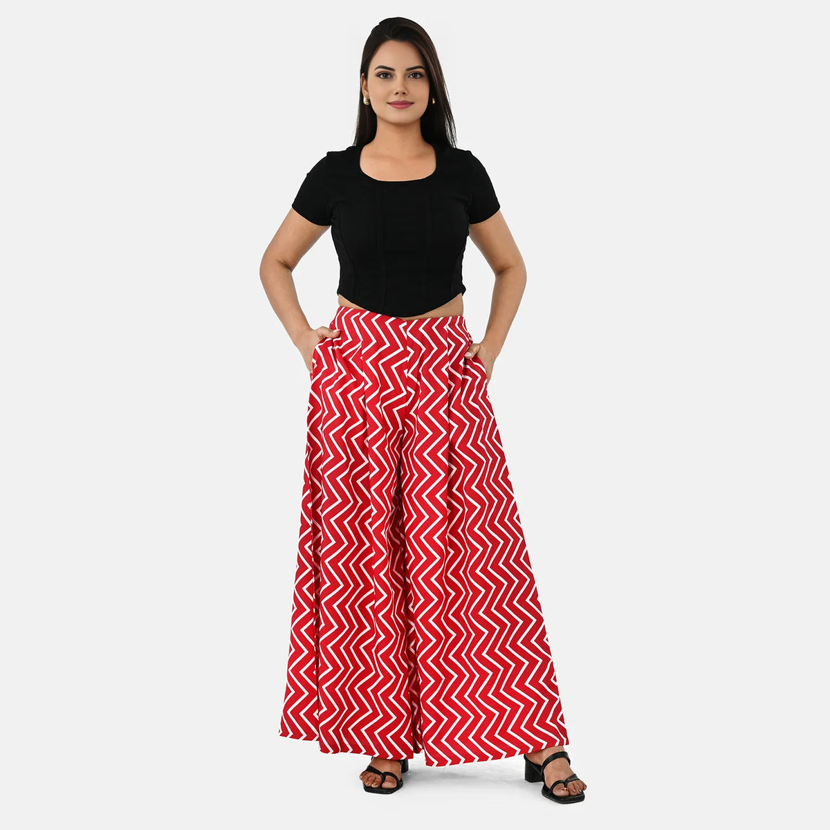 - Maisi Printed Wide-Leg Flared Trousers with Pockets (Size M) - Red - White
