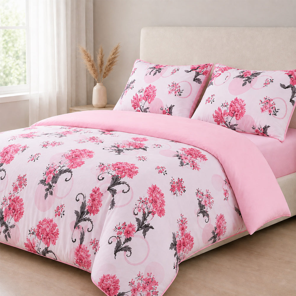 Livemore Set of 4: Reversible Printed Bedding Sheet Set - inc. Deep Fitted Sheet, Duvet Cover & 2 x Pillowcases (Double, 200 x 200 cm) - Pink_8314272