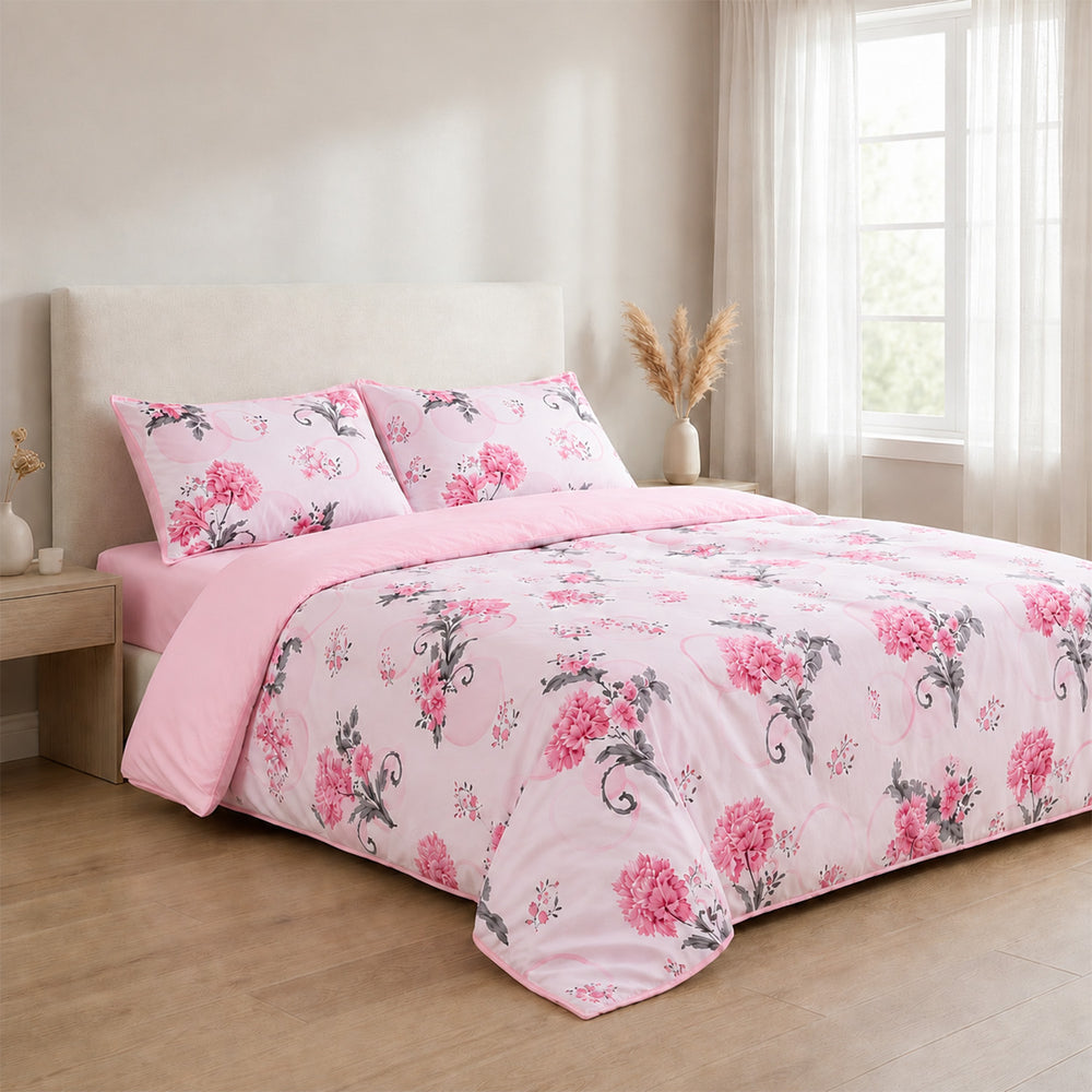 Livemore Set of 4: Reversible Printed Bedding Sheet Set - inc. Deep Fitted Sheet, Duvet Cover & 2 x Pillowcases (Double, 200 x 200 cm) - Pink_8314272_3
