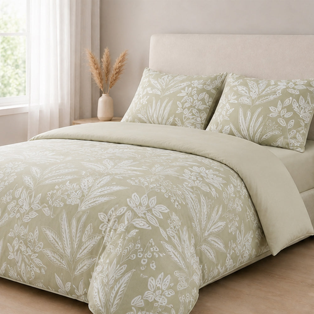 Livemore Set of 4: Reversible Printed Bedding Sheet Set - inc. Deep Fitted Sheet, Duvet Cover & 2 x Pillowcases (Double, 200 x 200 cm) - Green_8314274