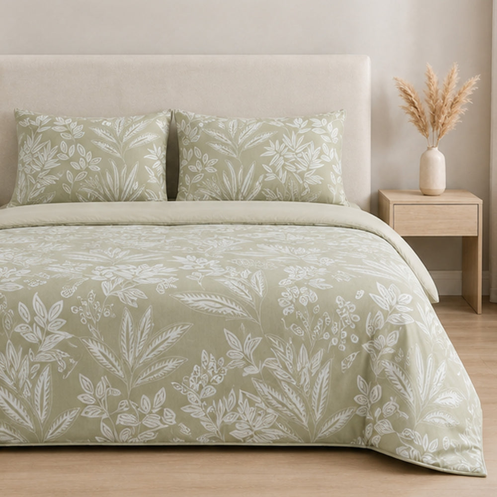 Livemore Set of 4: Reversible Printed Bedding Sheet Set - inc. Deep Fitted Sheet, Duvet Cover & 2 x Pillowcases (Double, 200 x 200 cm) - Green_8314274_2